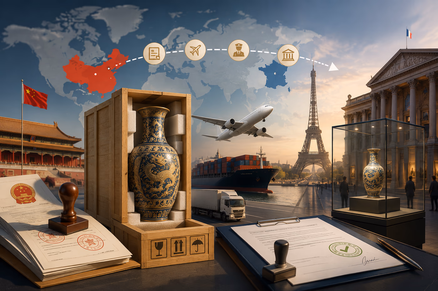 Vase chinois en caisse de transport entre la Cité interdite et un musée parisien, formalités douanières en arrière-plan.